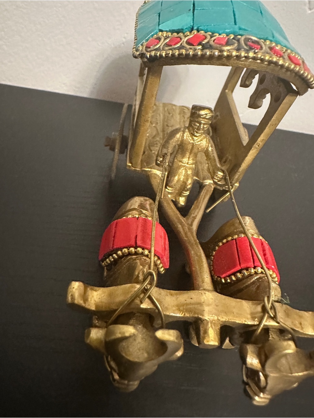 Indian Bullock Cart Oxen Figurine Turquoise Red Gold Tone Metal Folk Art Decor